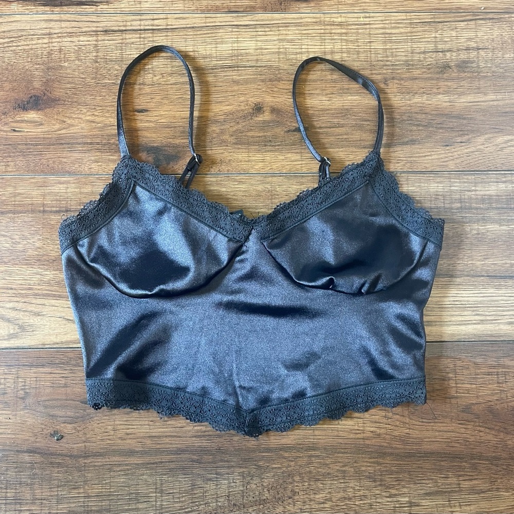 Divided Black Satin Lace-Trim Bralette Crop